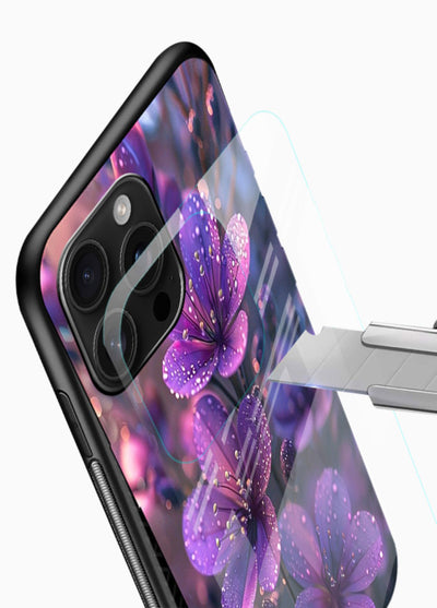 Purple dew petal artwork on glossy vibrant premium glass back cover with soft glowing tones. - Angle Blade