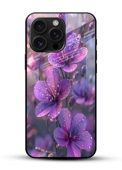 Purple dew petal artwork on glossy vibrant premium glass back cover with soft glowing tones. - Angle Front