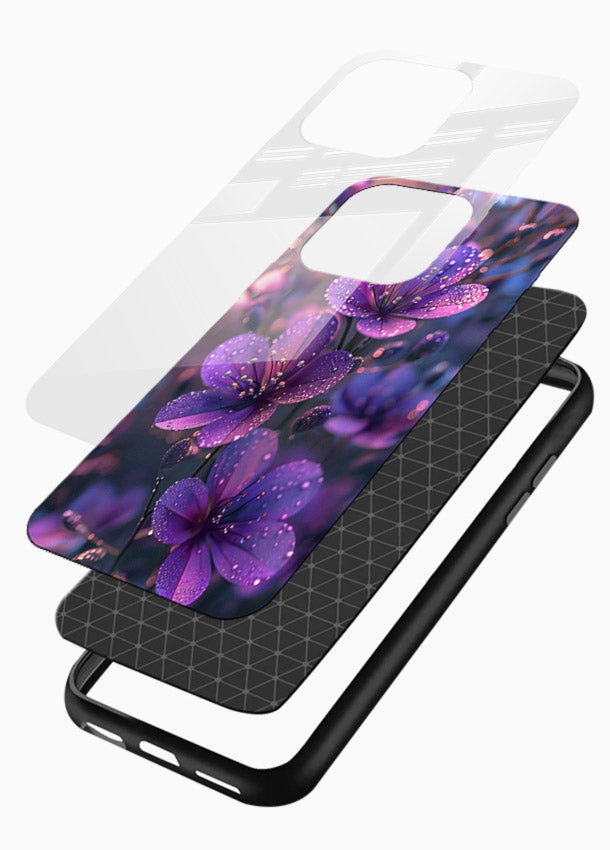 Purple dew petal artwork on glossy vibrant premium glass back cover with soft glowing tones. - Angle Layers