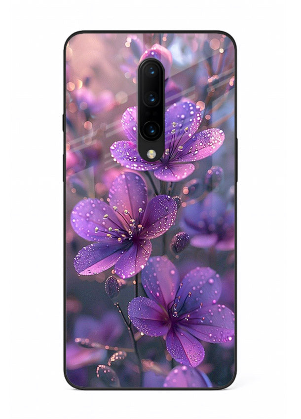 Purple dew petal artwork on OnePlus 7 Pro glass back cover with soft glowing tones.