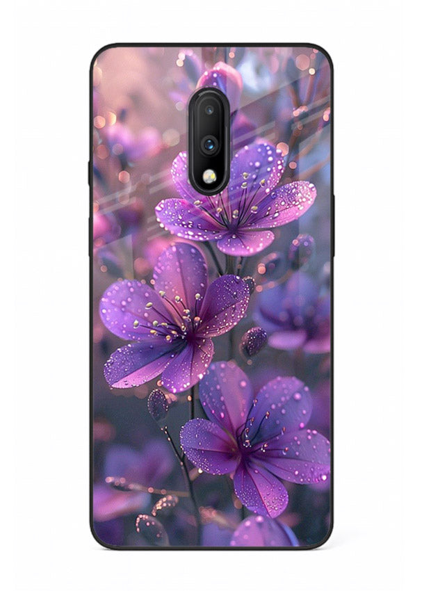 Purple dew petal artwork on OnePlus 7 glass back cover with soft glowing tones.