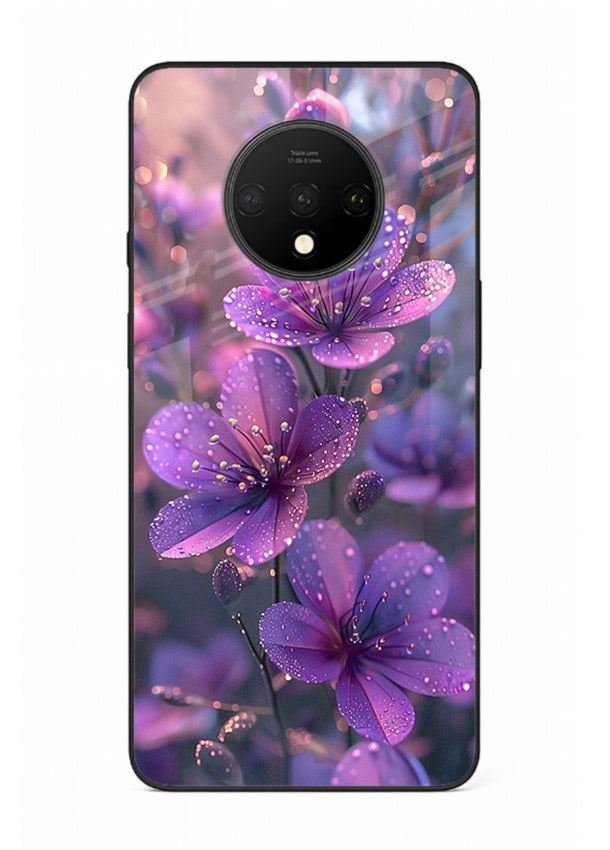 Purple dew petal artwork on OnePlus 7T glass back cover with soft glowing tones.