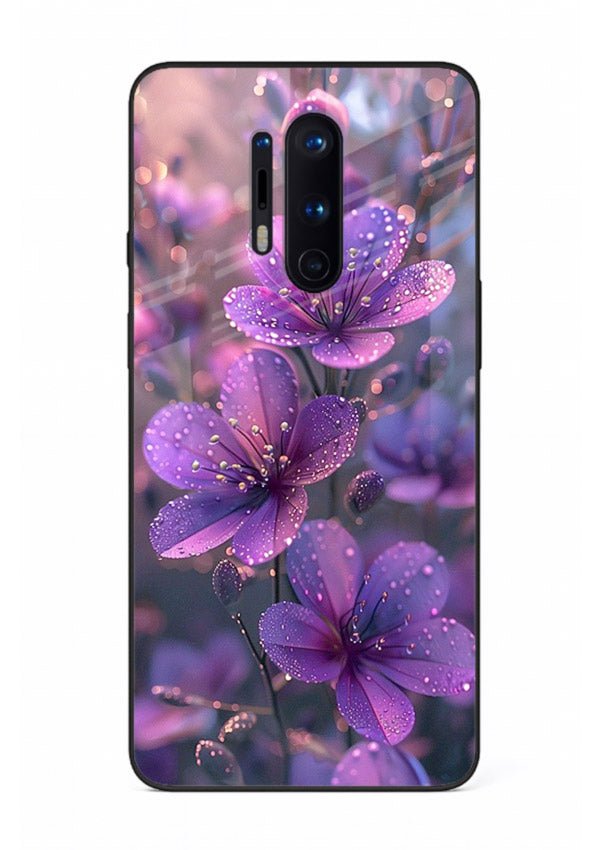 Purple dew petal artwork on OnePlus 8 Pro glass back cover with soft glowing tones.