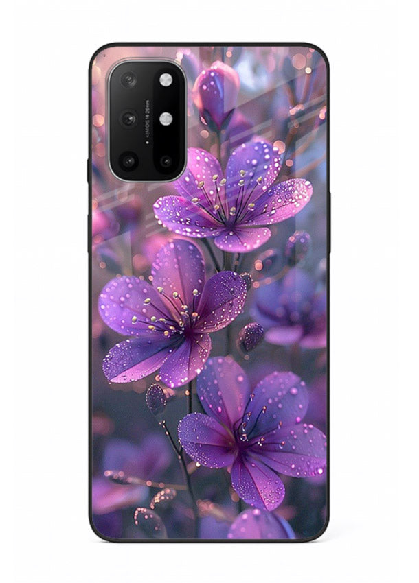 Purple dew petal artwork on OnePlus 8T glass back cover with soft glowing tones.