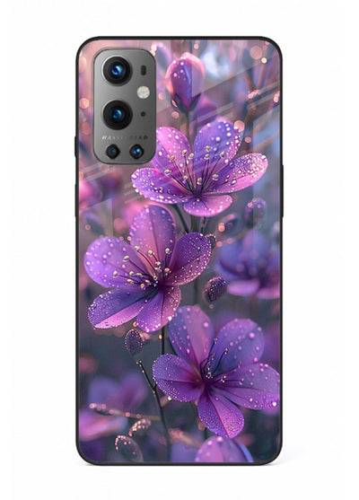 Purple dew petal artwork on OnePlus 9 glass back cover with soft glowing tones.
