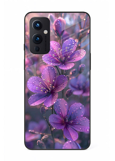Purple dew petal artwork on OnePlus 9 Pro glass back cover with soft glowing tones.