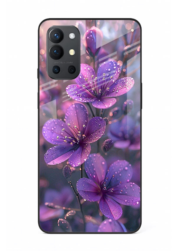 Purple dew petal artwork on OnePlus 9R glass back cover with soft glowing tones.