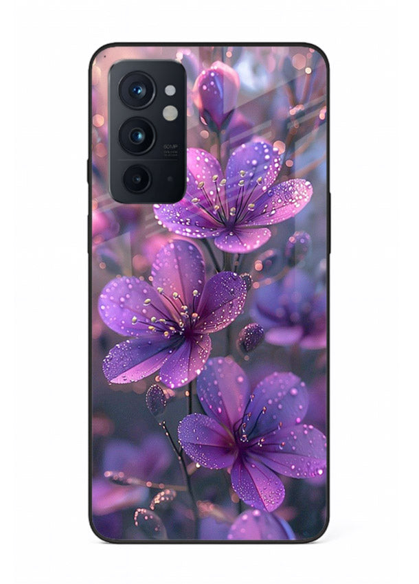 Purple dew petal artwork on OnePlus 9RT glass back cover with soft glowing tones.