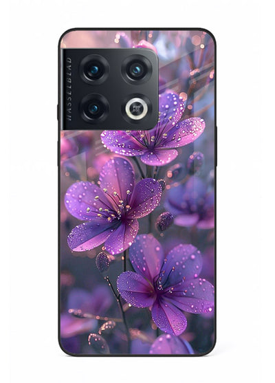 Purple dew petal artwork on OnePlus 10 Pro glass back cover with soft glowing tones.