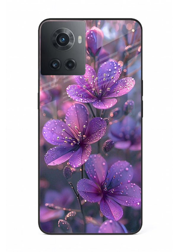 Purple dew petal artwork on OnePlus 10R glass back cover with soft glowing tones.