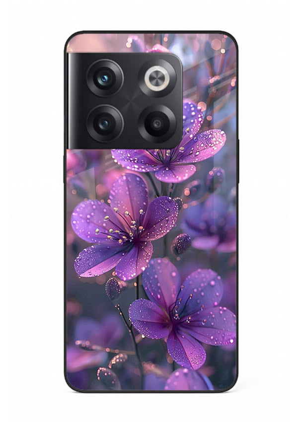 Purple dew petal artwork on OnePlus 10T glass back cover with soft glowing tones.