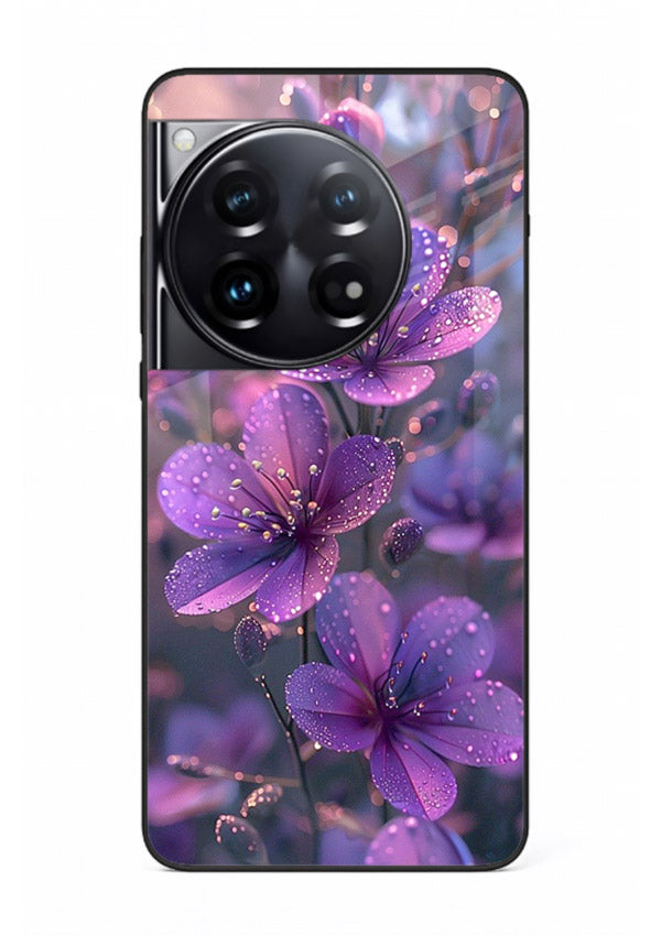 Purple dew petal artwork on OnePlus 12 glass back cover with soft glowing tones.