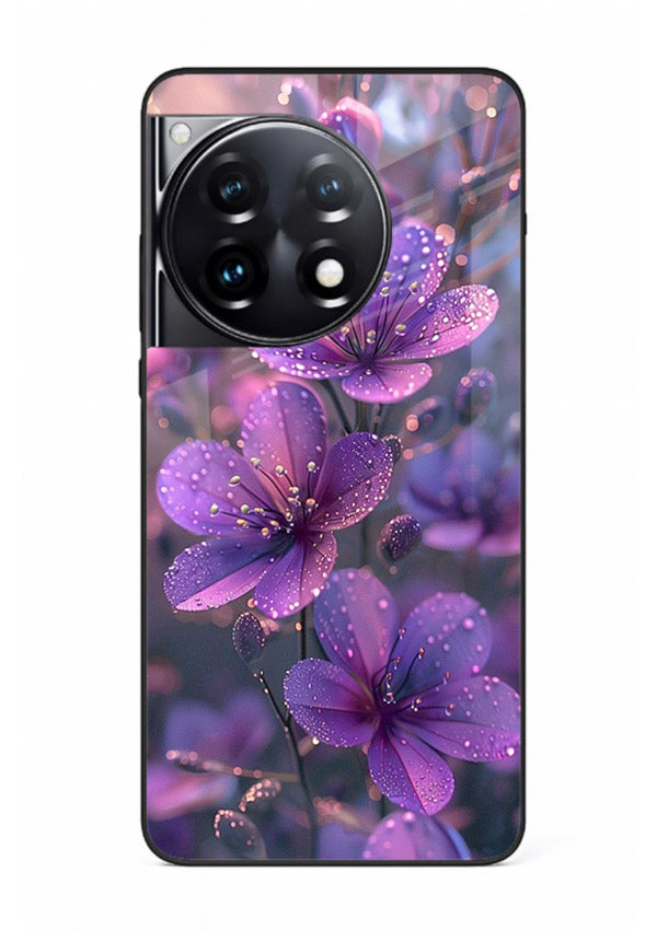 Purple dew petal artwork on OnePlus 12R glass back cover with soft glowing tones.