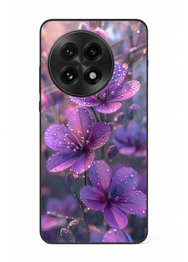 Purple dew petal artwork on OnePlus 13 glass back cover with soft glowing tones.