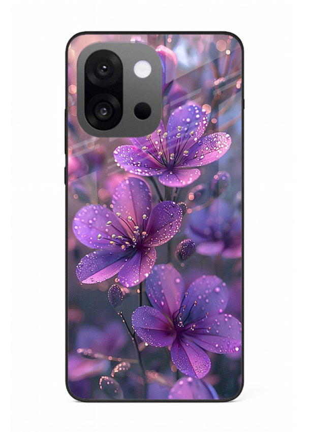Purple dew petal artwork on OnePlus 13s glass back cover with soft glowing tones.