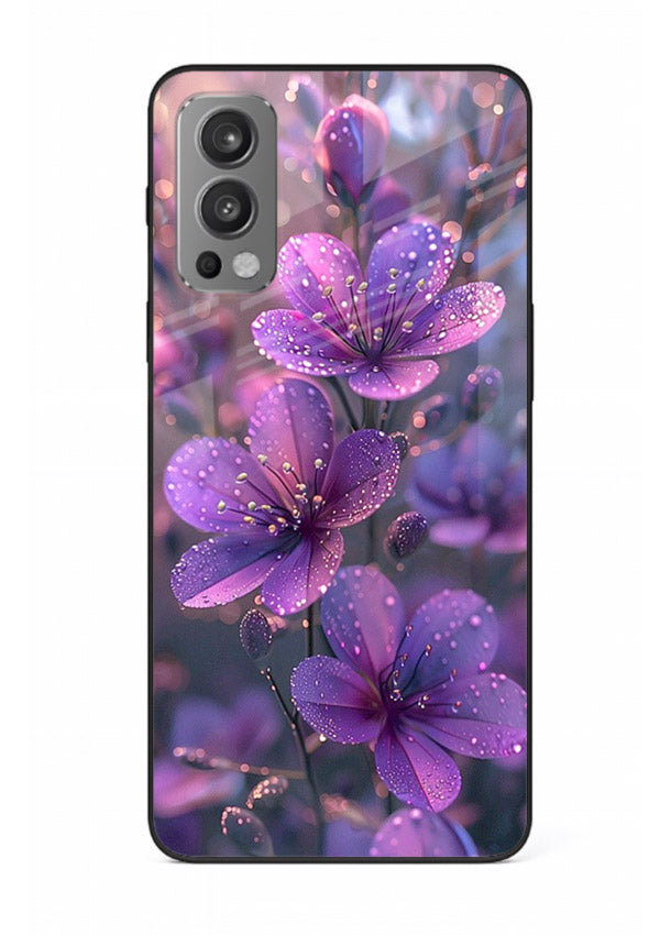 Purple dew petal artwork on OnePlus Nord 2 glass back cover with soft glowing tones.
