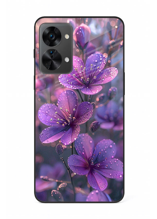 Purple dew petal artwork on OnePlus Nord 2T glass back cover with soft glowing tones.