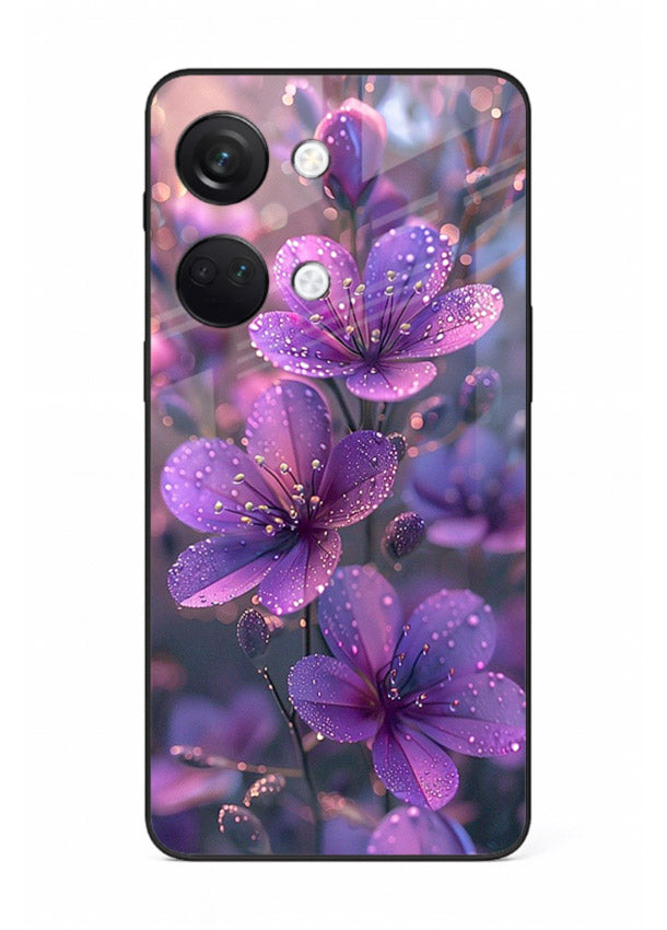 Purple dew petal artwork on OnePlus Nord 3 glass back cover with soft glowing tones.