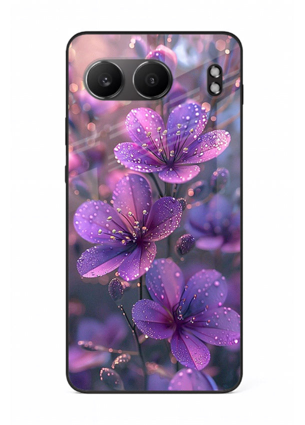 Purple dew petal artwork on OnePlus Nord 4 glass back cover with soft glowing tones.