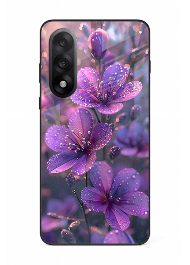 Purple dew petal artwork on OnePlus Nord 5 glass back cover with soft glowing tones.
