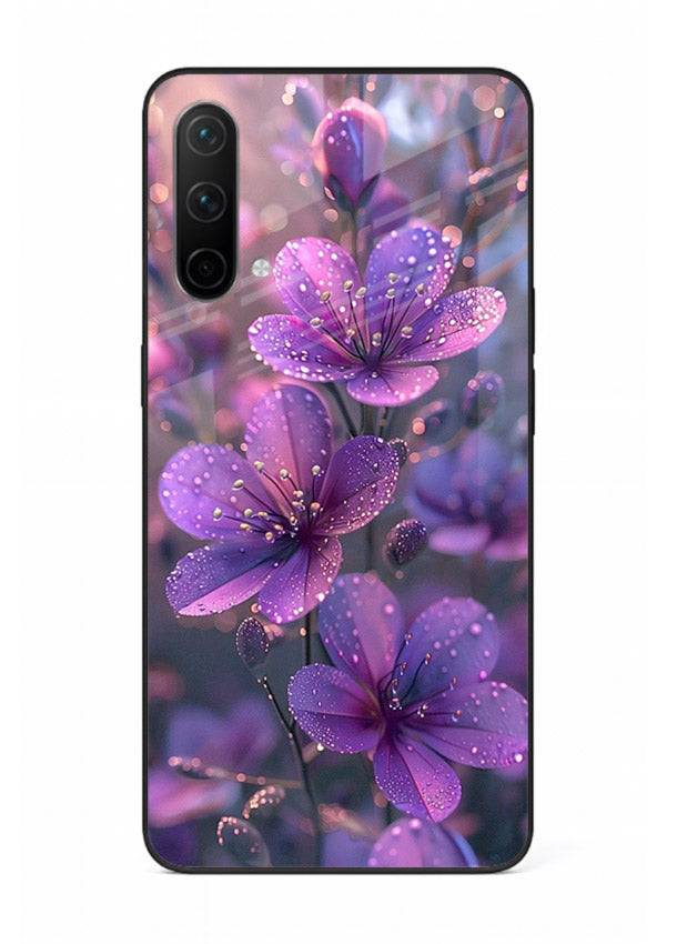 Purple dew petal artwork on OnePlus Nord CE 5G glass back cover with soft glowing tones.
