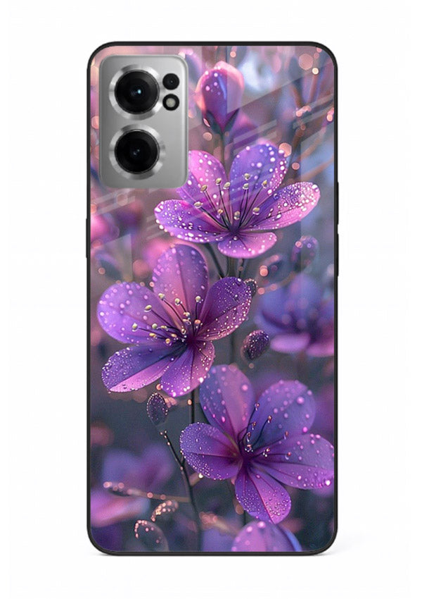 Purple dew petal artwork on OnePlus Nord CE2 5G glass back cover with soft glowing tones.