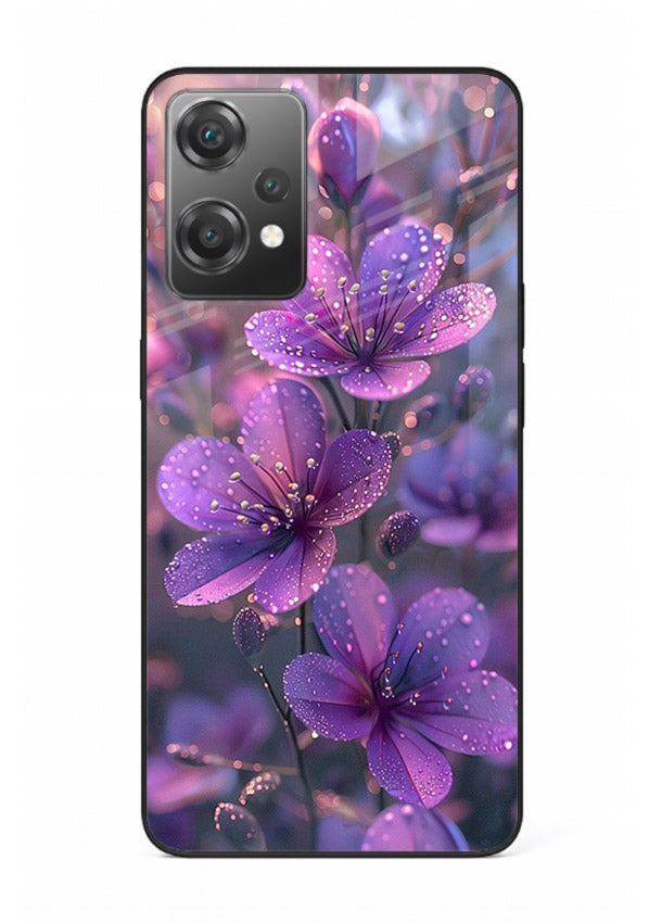 Purple dew petal artwork on OnePlus Nord CE2 Lite 5G glass back cover with soft glowing tones.
