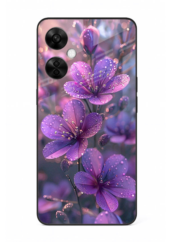 Purple dew petal artwork on OnePlus Nord CE3 Lite glass back cover with soft glowing tones.