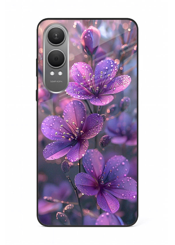 Purple dew petal artwork on OnePlus Nord CE4 Lite glass back cover with soft glowing tones.