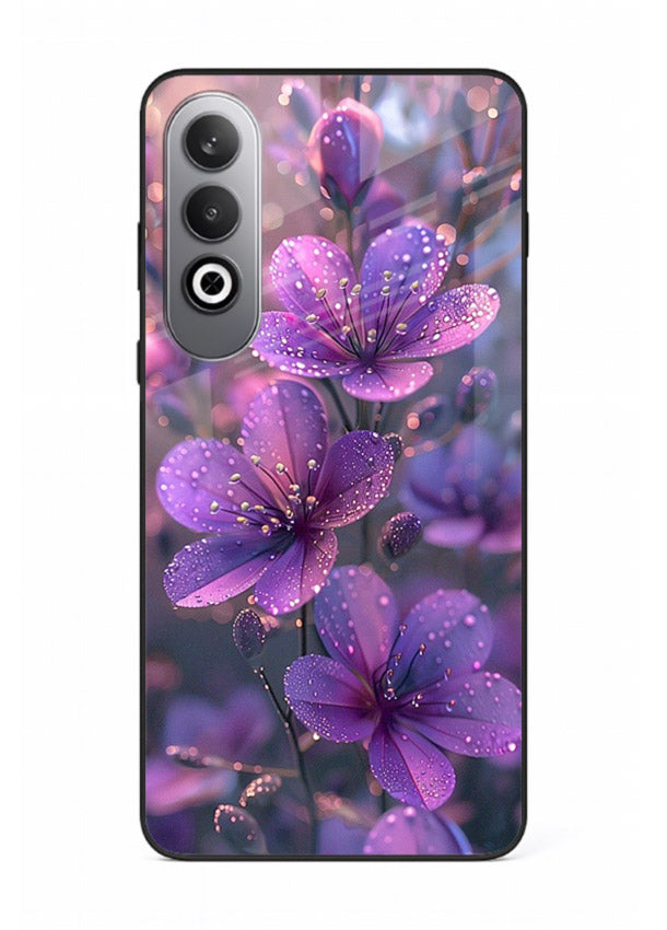 Purple dew petal artwork on OnePlus Nord CE4 glass back cover with soft glowing tones.