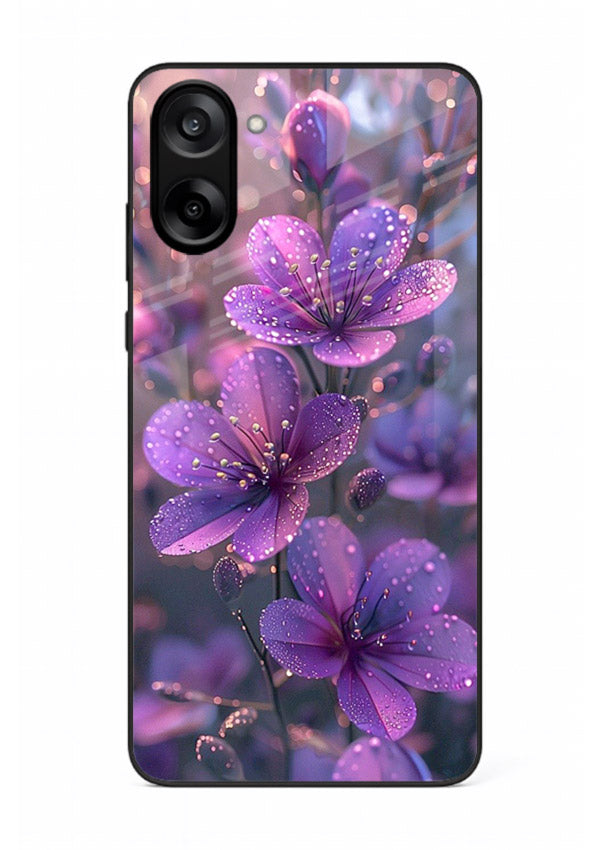 Purple dew petal artwork on OnePlus Nord CE5 glass back cover with soft glowing tones.