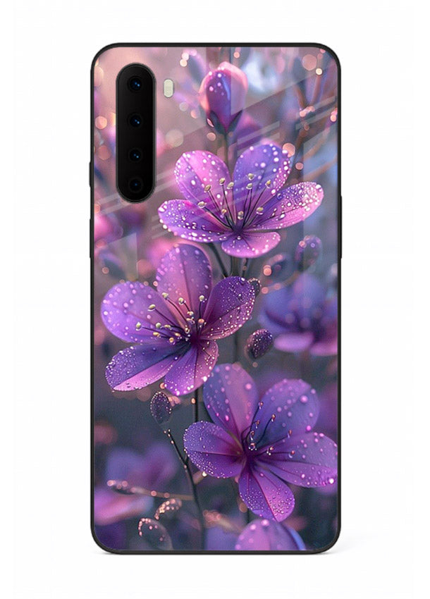 Purple dew petal artwork on OnePlus Nord glass back cover with soft glowing tones.