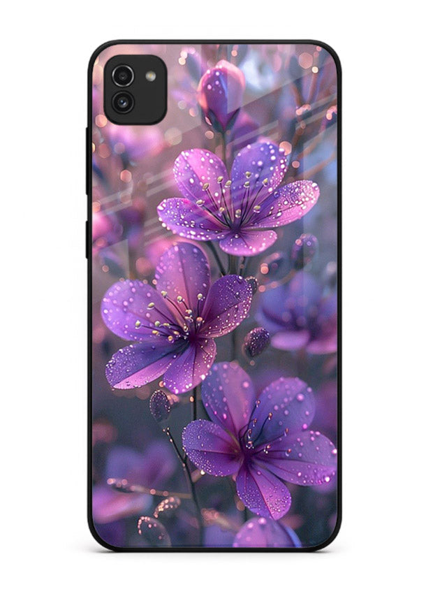 Purple dew petal artwork on Samsung A03 glass back cover with soft glowing tones.