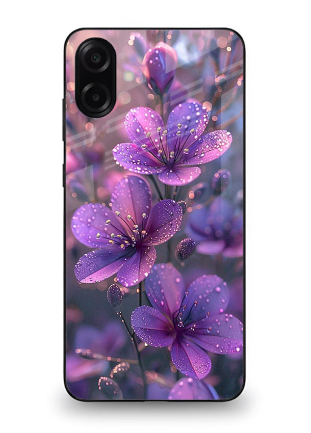 Purple dew petal artwork on Samsung A06 5G glass back cover with soft glowing tones.