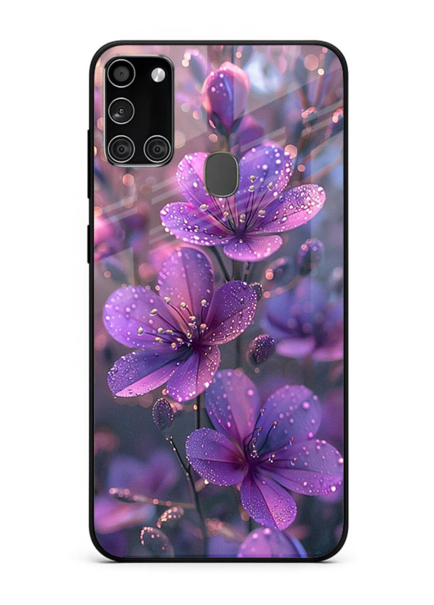 Purple dew petal artwork on Samsung A21s glass back cover with soft glowing tones.