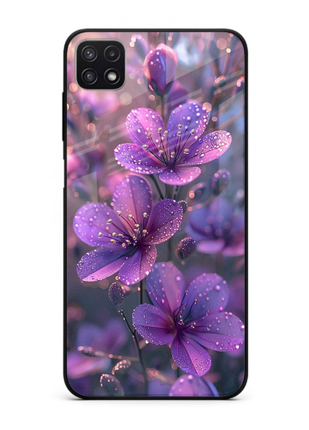 Purple dew petal artwork on Samsung F42 5G glass back cover with soft glowing tones.