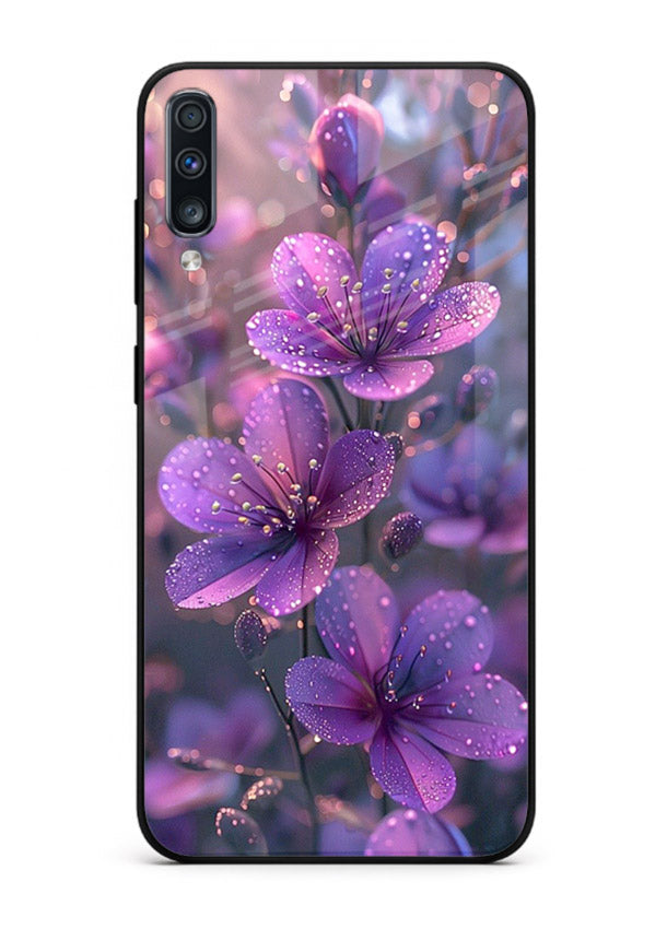 Purple dew petal artwork on Samsung A70 glass back cover with soft glowing tones.