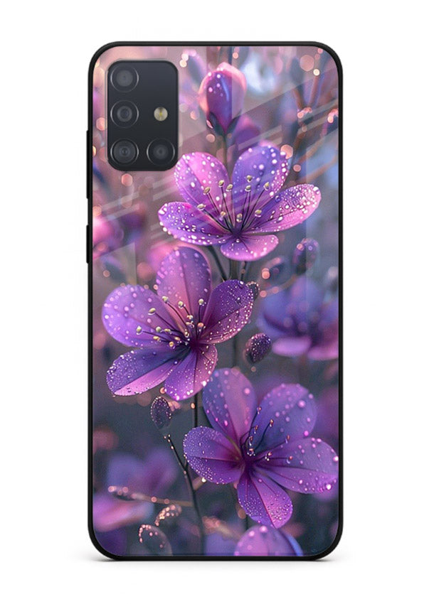 Purple dew petal artwork on Samsung A71 glass back cover with soft glowing tones.