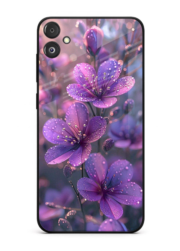 Purple dew petal artwork on Samsung F04 5G glass back cover with soft glowing tones.