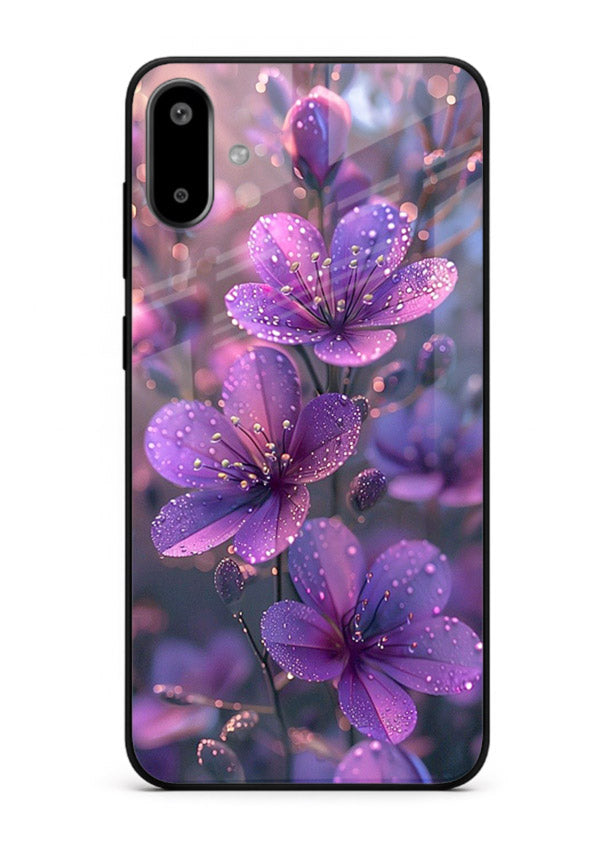 Purple dew petal artwork on Samsung F06 5G glass back cover with soft glowing tones.