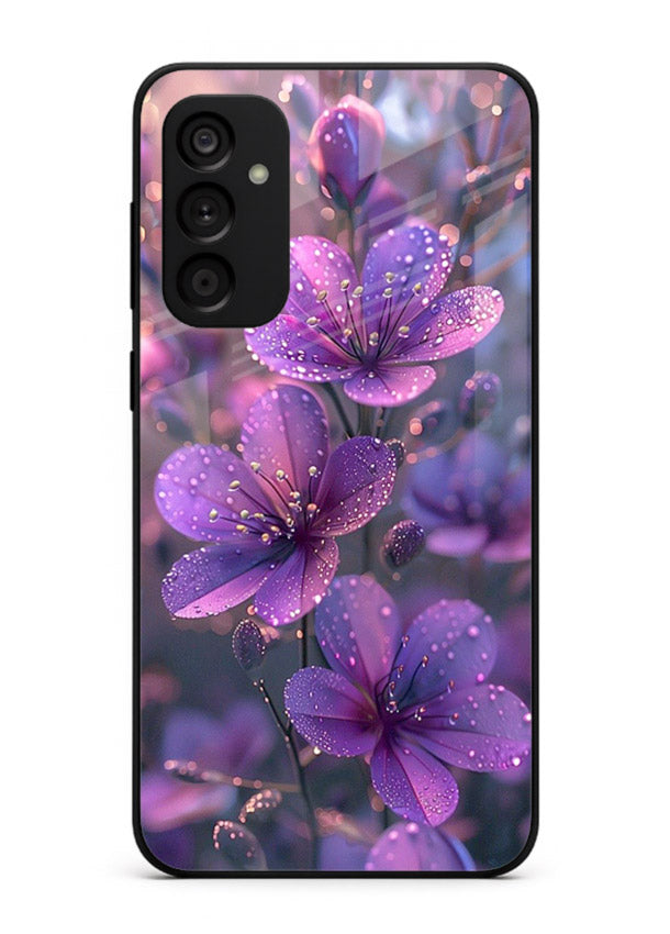 Purple dew petal artwork on Samsung A34 5G glass back cover with soft glowing tones.