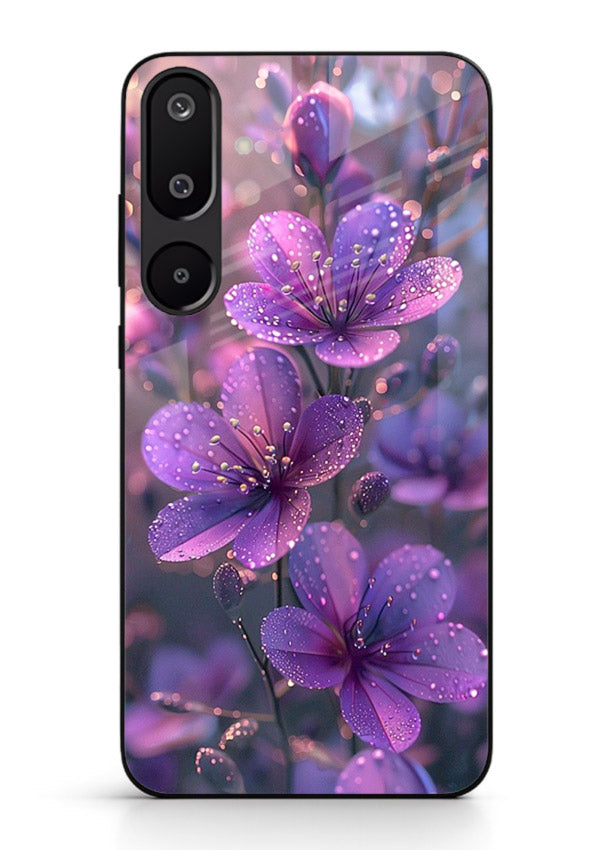 Purple dew petal artwork on Samsung F16 5G glass back cover with soft glowing tones.