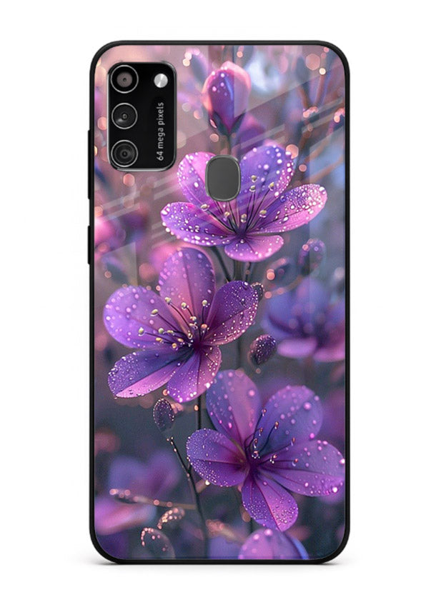 Purple dew petal artwork on Samsung M21 glass back cover with soft glowing tones.