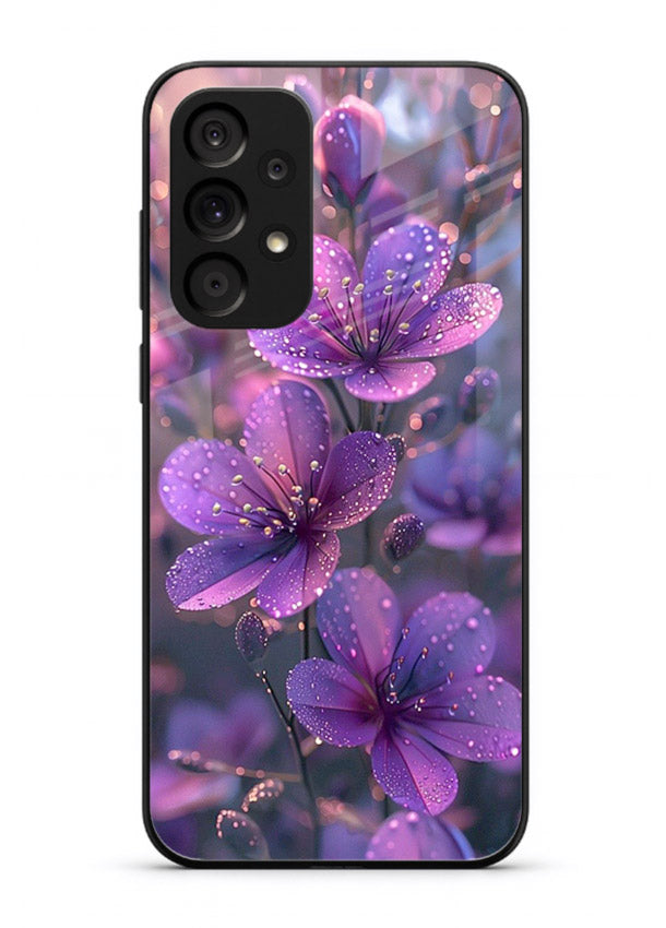 Purple dew petal artwork on Samsung A33 5G glass back cover with soft glowing tones.