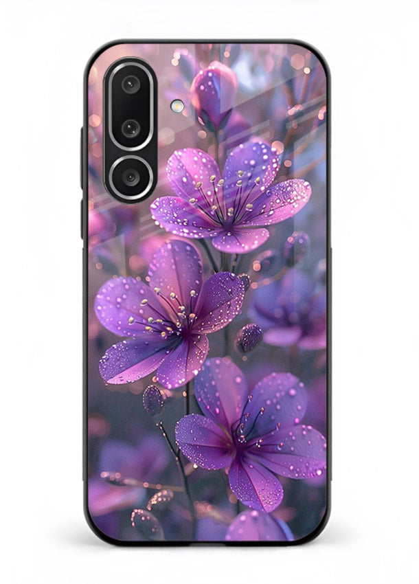 Purple dew petal artwork on Samsung F56 5G glass back cover with soft glowing tones.