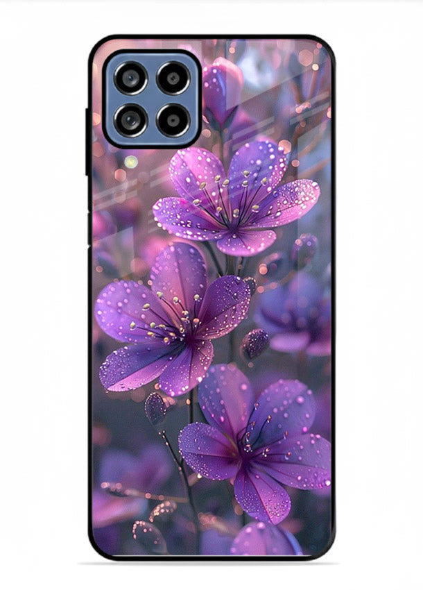 Purple dew petal artwork on Samsung A22 4G glass back cover with soft glowing tones.
