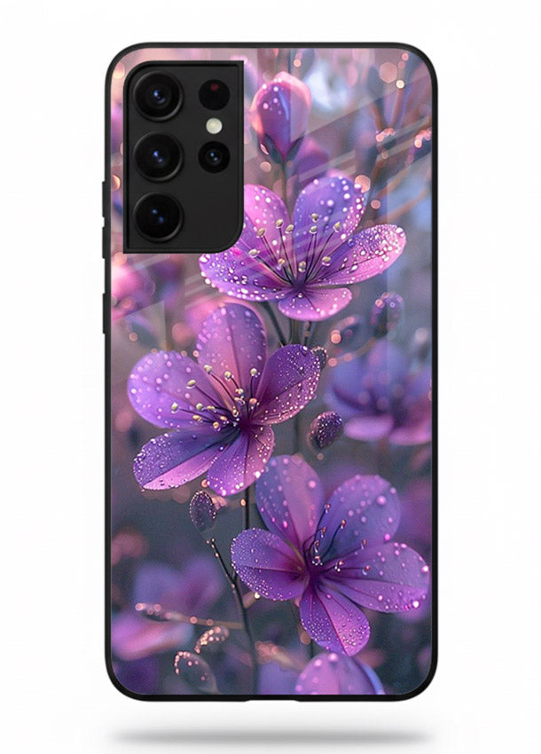 Purple dew petal artwork on Samsung S21 Ultra glass back cover with soft glowing tones.