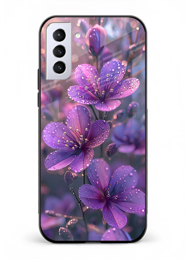 Purple dew petal artwork on Samsung S21 FE glass back cover with soft glowing tones.