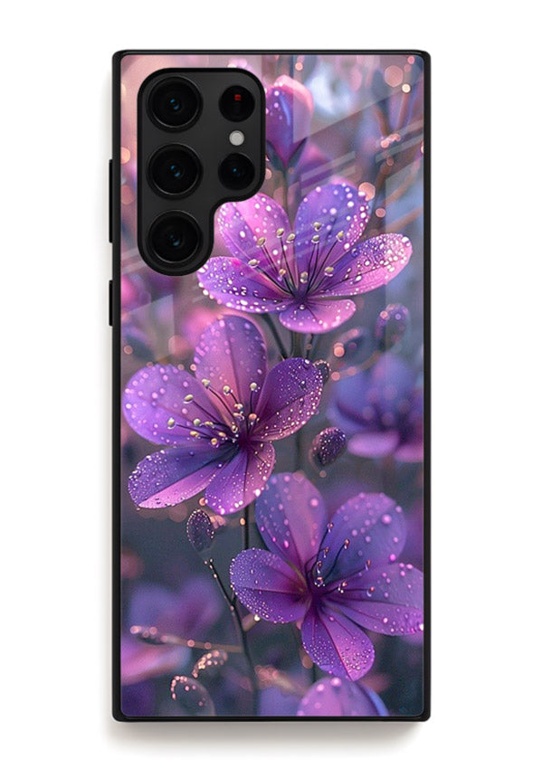 Purple dew petal artwork on Samsung S22 Ultra glass back cover with soft glowing tones.