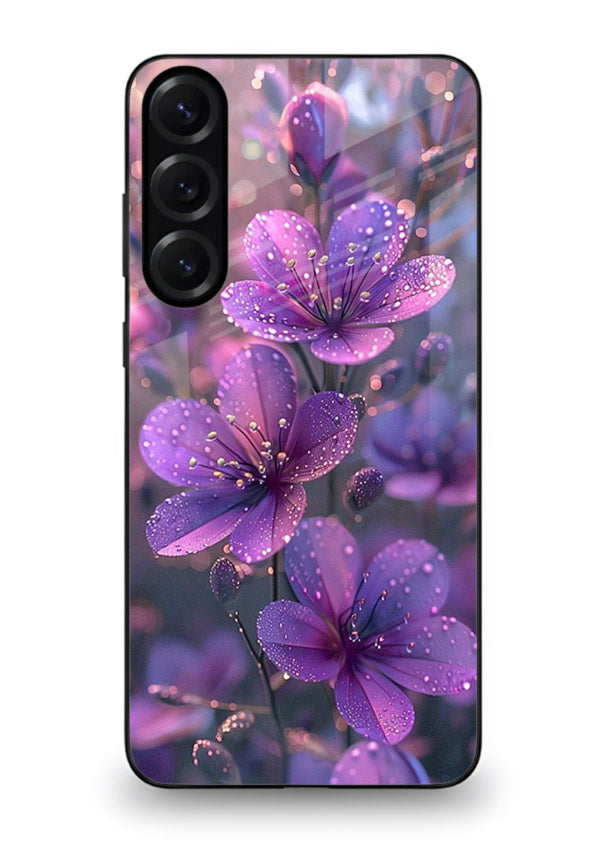 Purple dew petal artwork on Samsung A55 5G glass back cover with soft glowing tones.